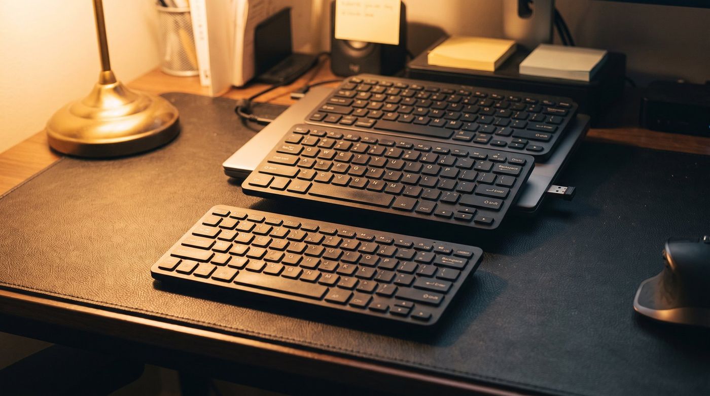 Three compact wireless keyboards on a desk mat under warm light, one with a receiver dongle