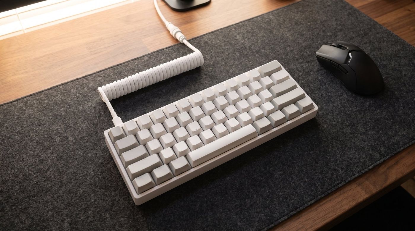Wooting 60HE+ compact keyboard on a dark desk mat beside a gaming mouse