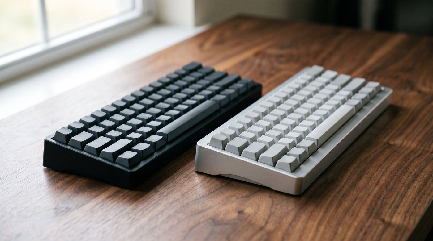 Two compact gaming keyboards side by side on a wood desk, one plastic and one aluminum