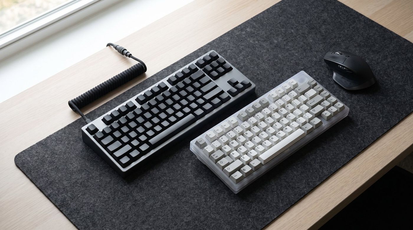 Wooting 80HE and Keychron K2 HE side by side on a desk mat