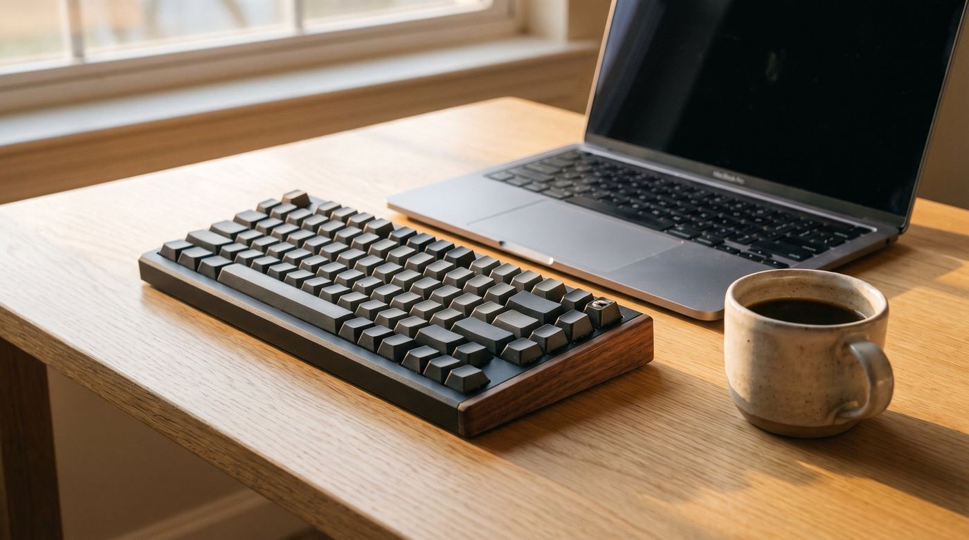 Keychron K2 HE wireless keyboard beside a MacBook and coffee cup