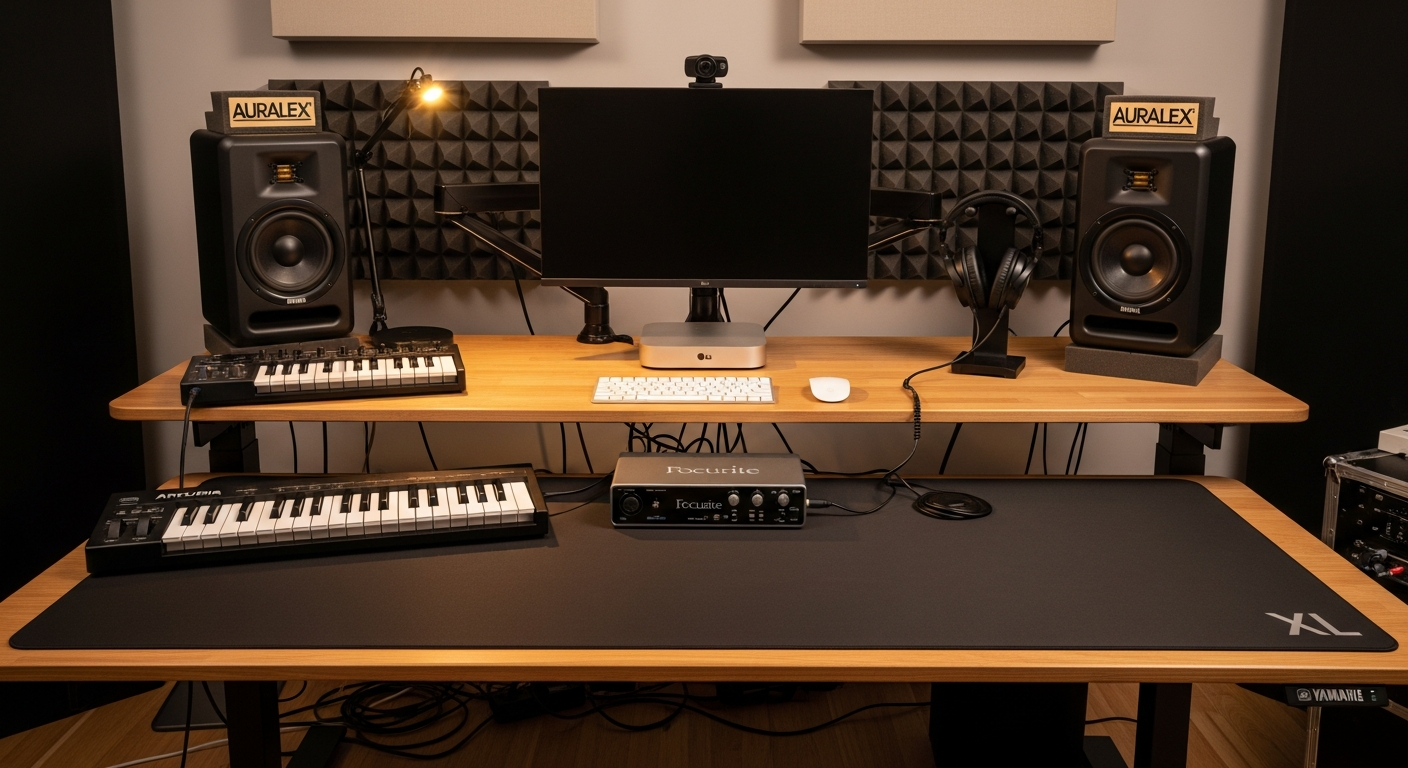 Music Producer Desk Setup with Audio Interface and Studio Monitors