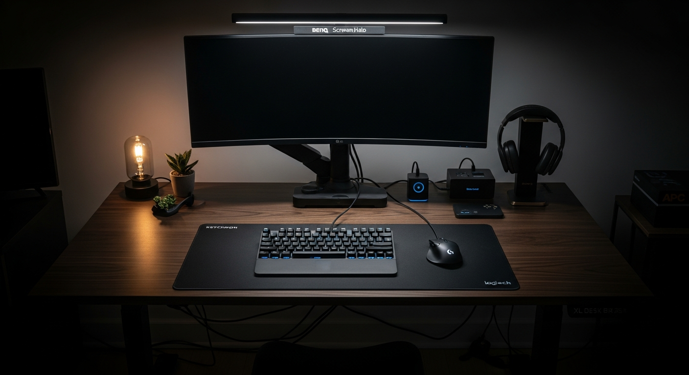 Programmer Dark Mode Setup with Ultrawide and Mechanical Keyboard