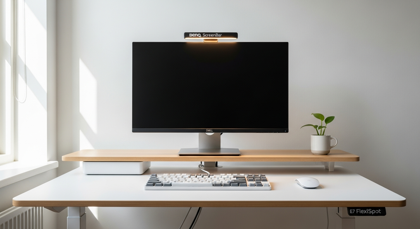 White Minimal Desk Setup with Keychron and Monitor Light